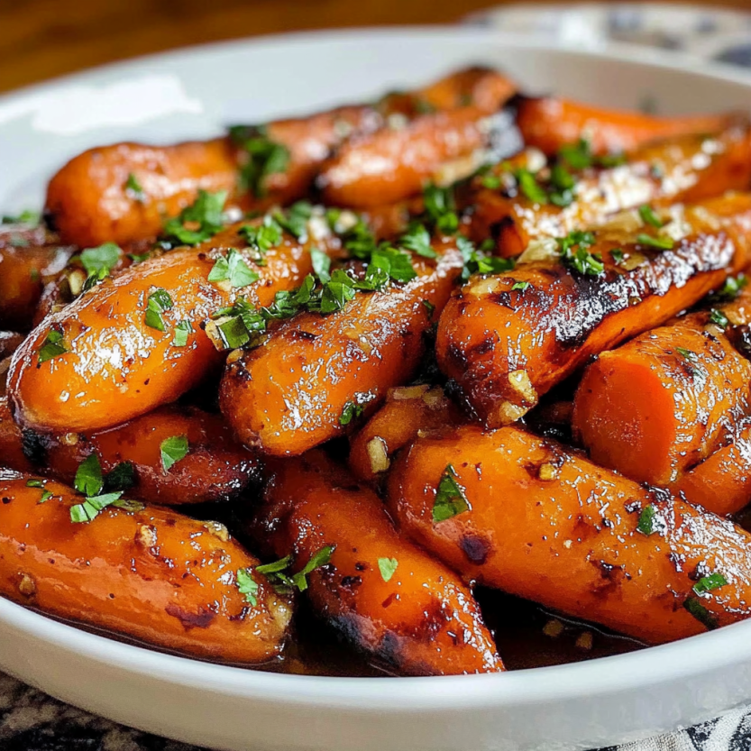 Une assiette de carottes grillées et trempées dans du miel.