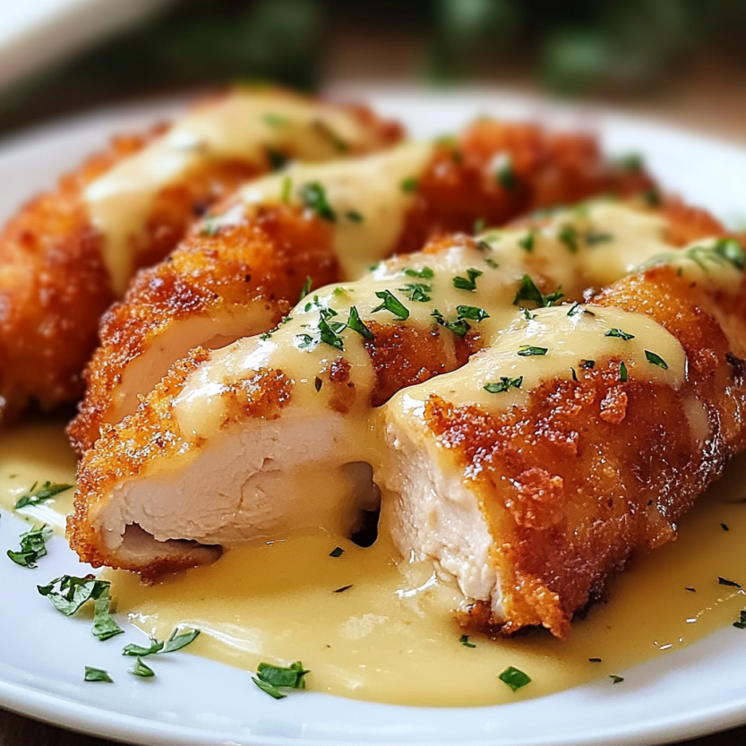 Chicken Cordon Bleu avec sauce de fromage suisse est délicieux.