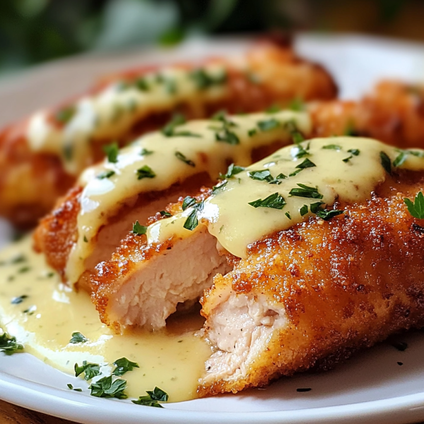 Une image de poulet Cordon Bleu avec sauce de fromage suisse.