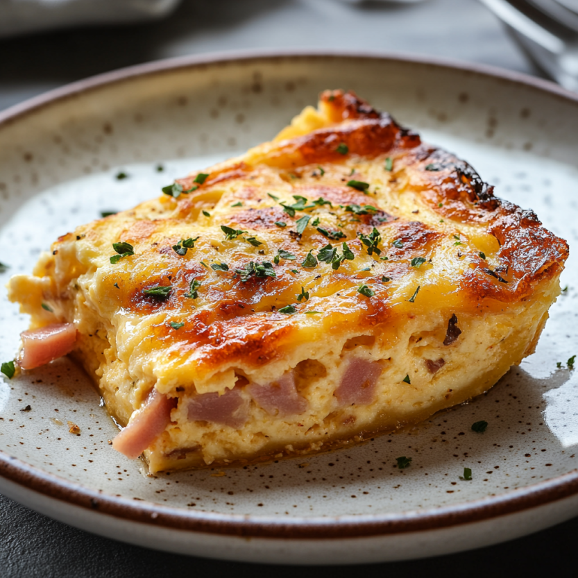 Une quiche de ham et de fromage, cuite dans un crockpot, est servie sur un plateau.