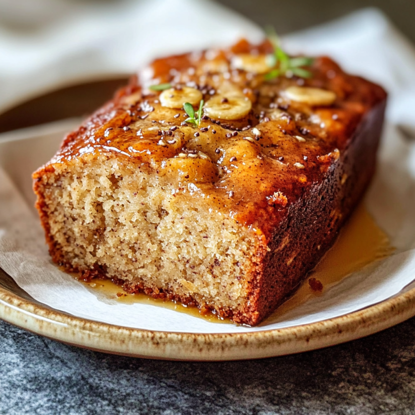 Une vieille banana bread sur un plateau.