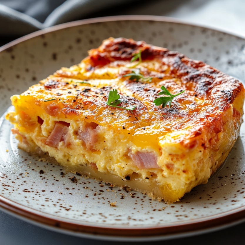 Une quiche de ham et de fromage, cuite dans un crockpot, est servie sur un plateau.