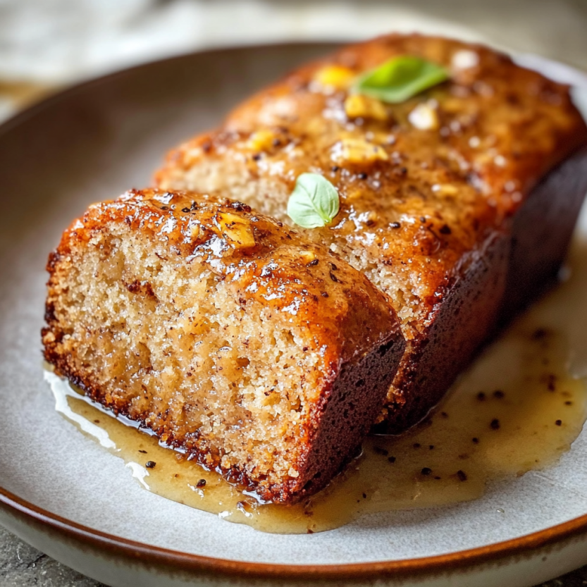 Une vieille banana bread sur un plateau.