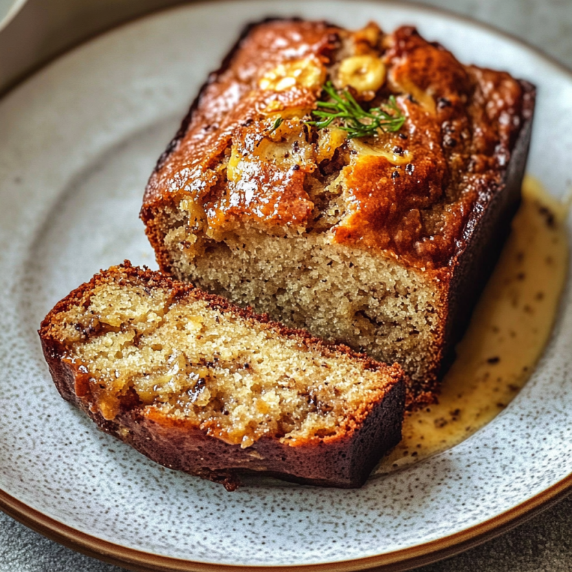 Une portion de vieille banana bread sur un plateau.