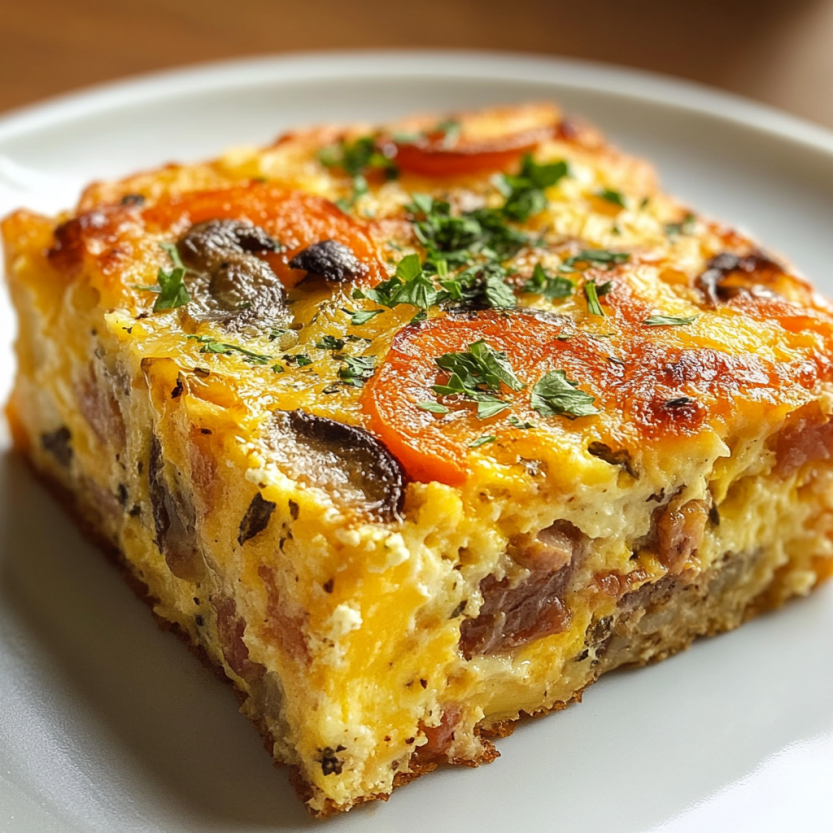 Une casserole de crockpot facile et savoureuse, composée de carottes, d'oignons, d'œufs et de bacon, est servie sur un plateau.