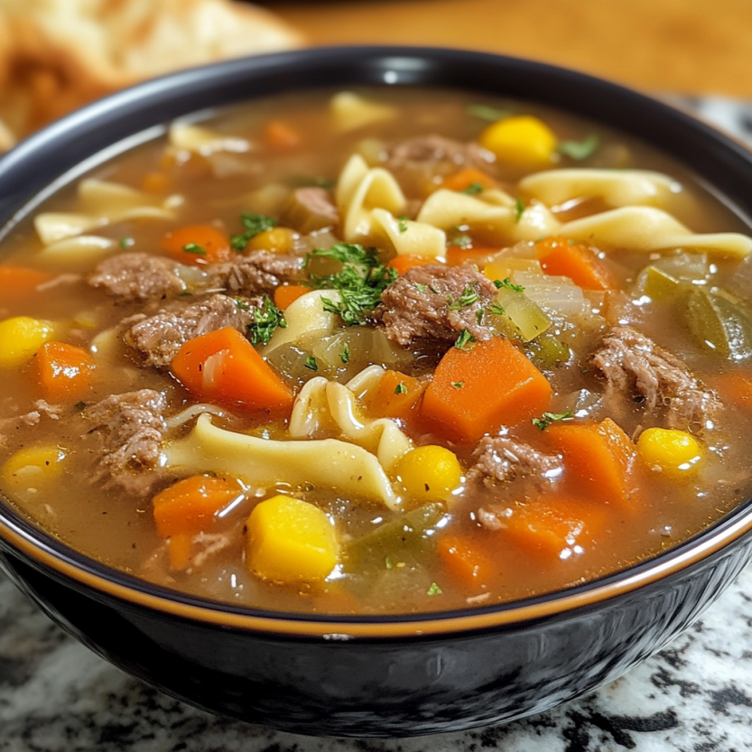 Une soupe de viande et légumes dans un bol.
