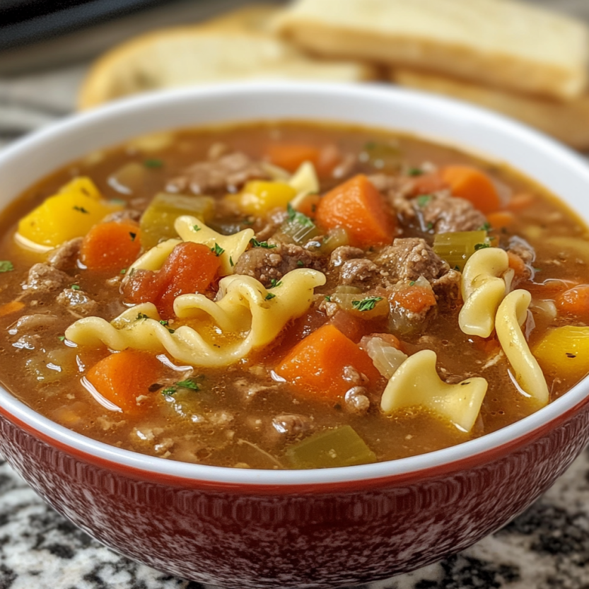 Un bol de soupe contenant des carottes, des haricots verts, des pâtes et du bœuf.