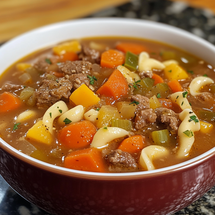 Une soupe de boeuf, légumes et macaronis dans un bol.