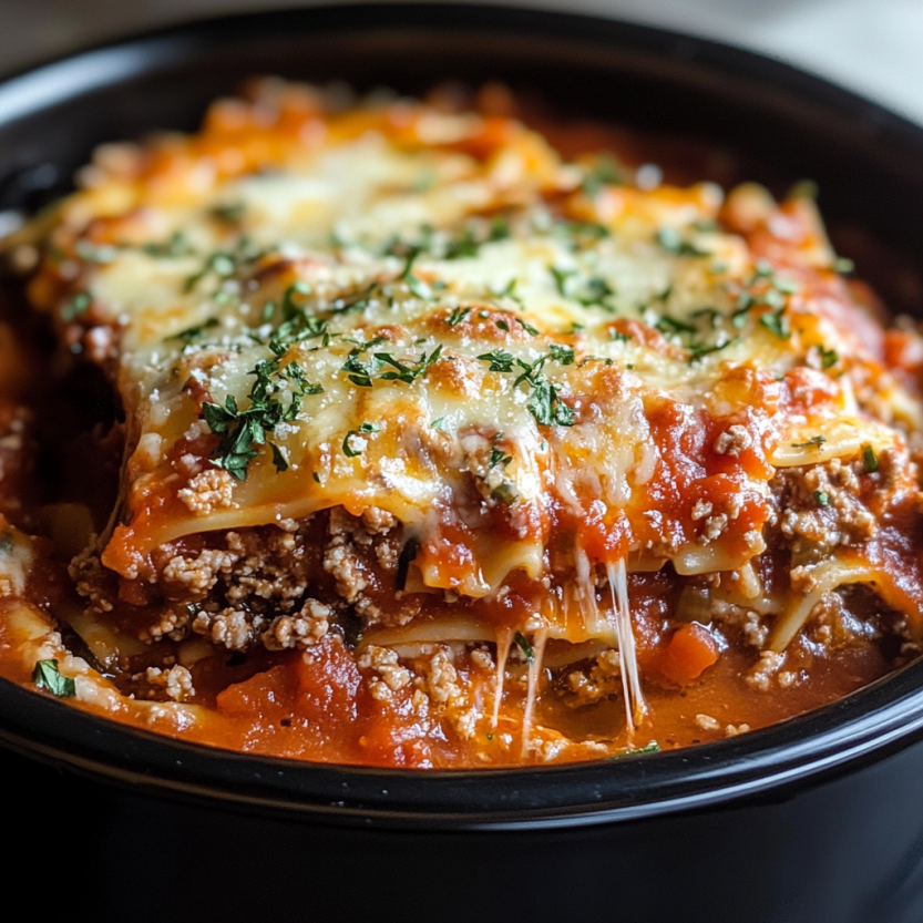 Une image de crockpot lasagna avec des herbes et des légumes.