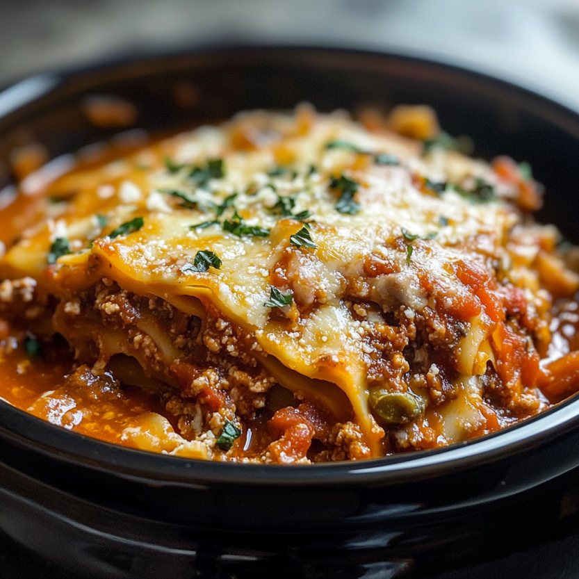 Une image de crockpot lasagna, une pâte de lasagna chaude et savoureuse, avec des herbes et des épices pour ajouter une touche supplémentaire de saveur.