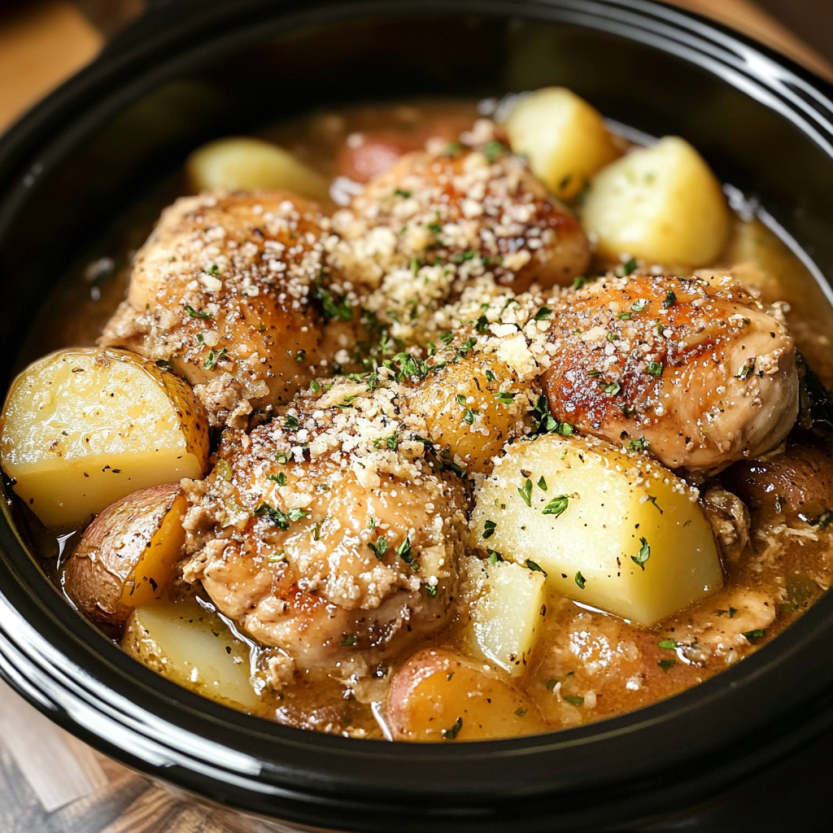 Un plat de poulet et de papas dans un bol.