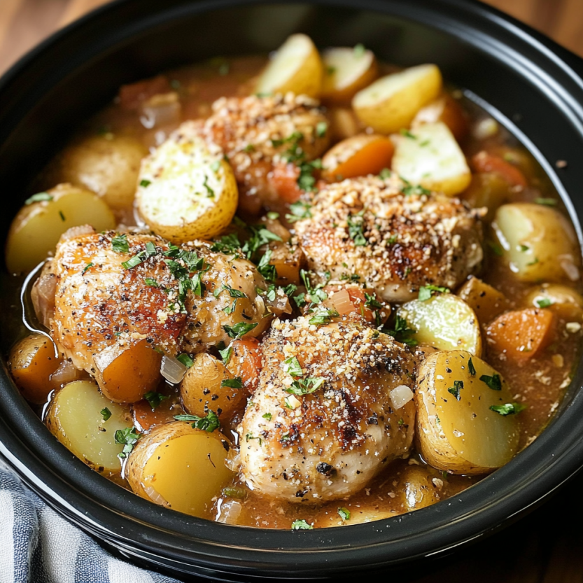 Un plat de poulet et de pommes de terre dans un bol.