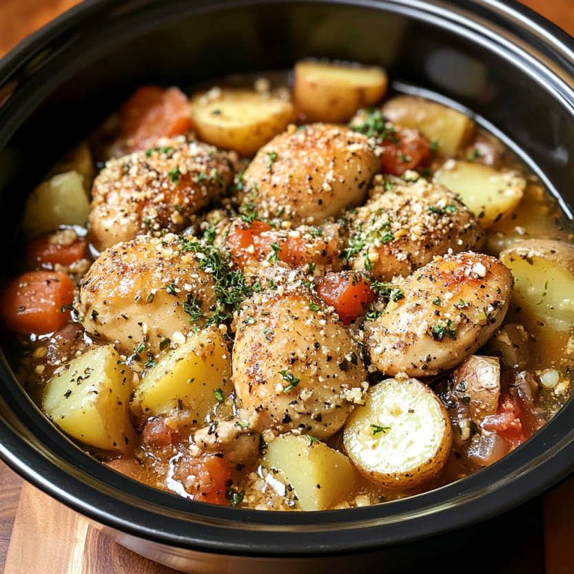 Une casserole de poulet et de papas dans un bol.