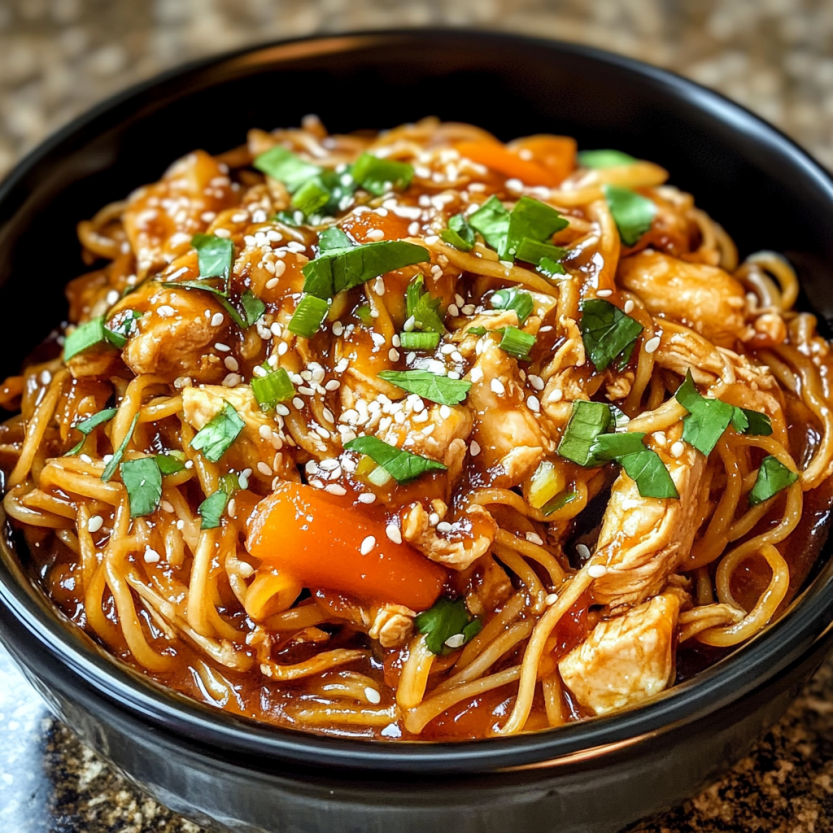 Une assiette de nourriture chinoise contenant des légumes et du poulet.