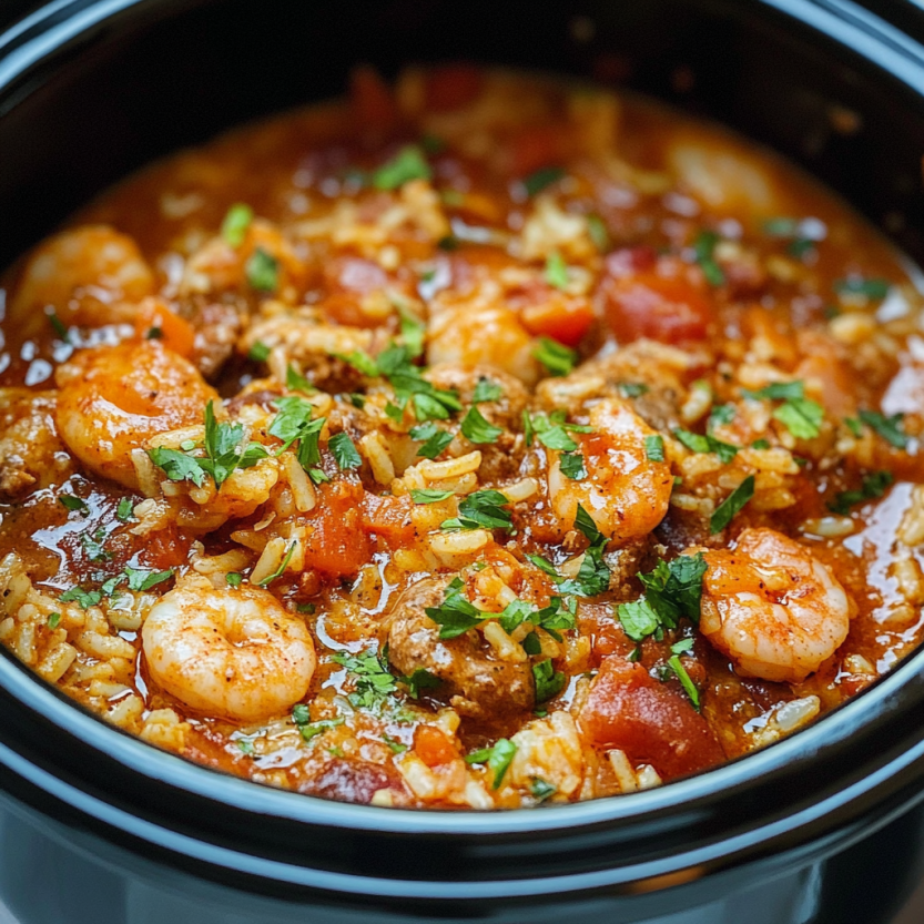 Un bol de jambalaya chaude et savoureuse dans un slow cooker.