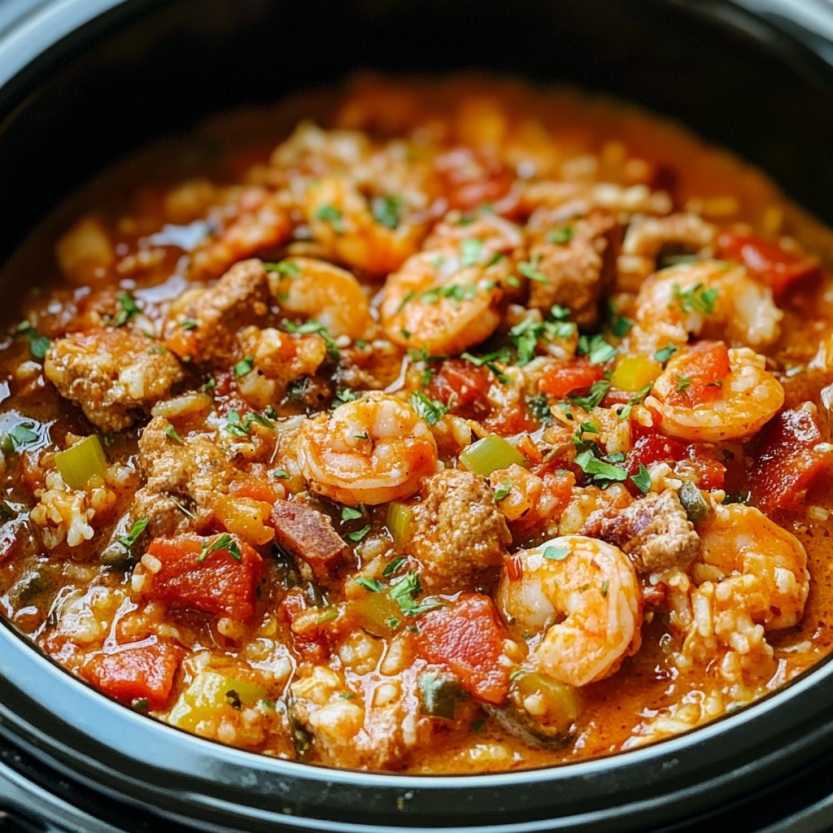Un bol de jambalaya dans un slow cooker.