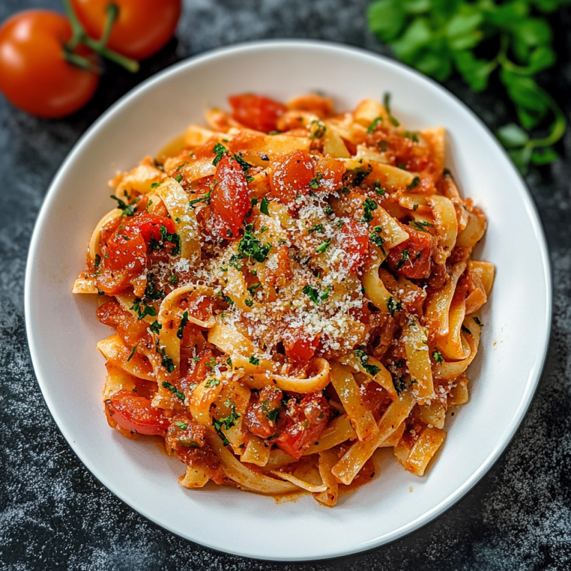 Une assiette de spaghetti maison avec des tomates et des herbes.