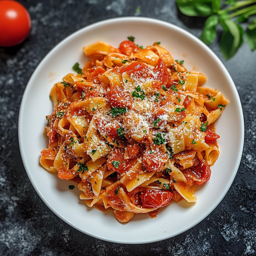 Une assiette de spaghetti avec des tomates et des herbes sur un plateau.