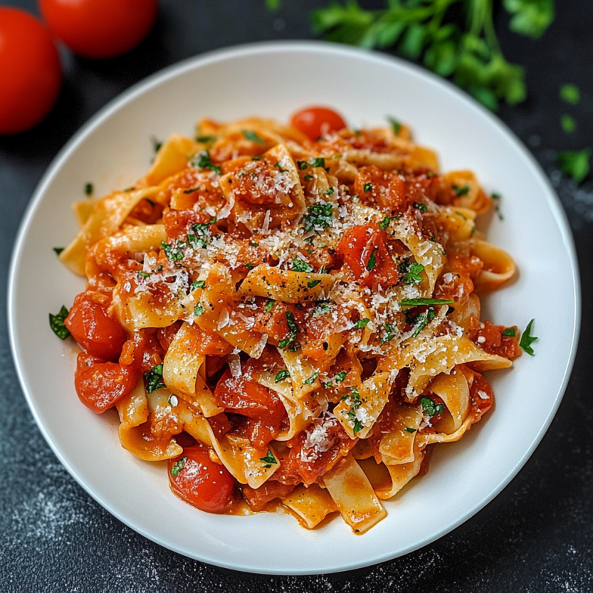 Une assiette de spaghetti sauce tomate est servie sur une table.