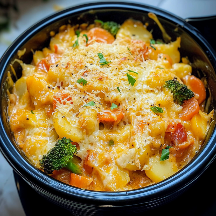 Une casserole de légumes et de fromage dans un bol en plastique.