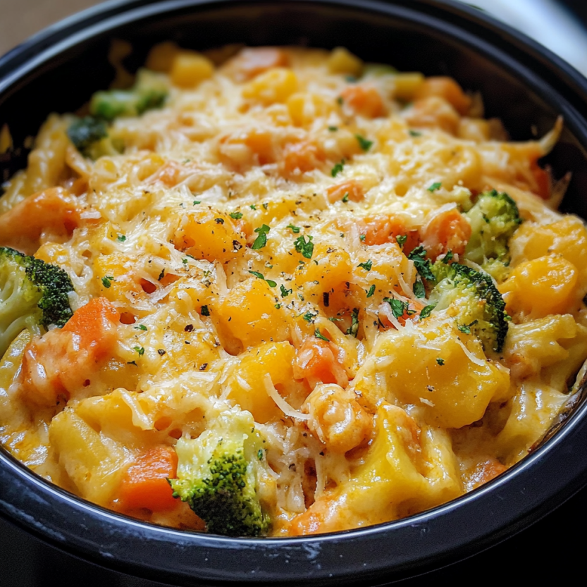 Une casserole de légumes et de fromage dans un bol.