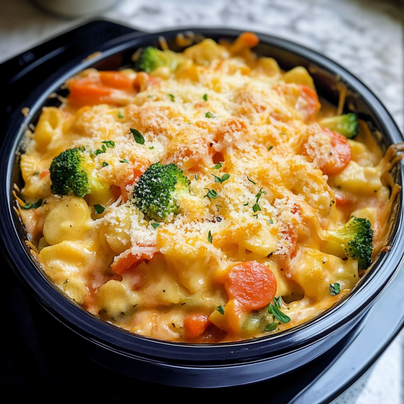 Un bol de macaroni et légumes, y compris des carottes, des brocolis et des pommes de terre, est sur un plateau.