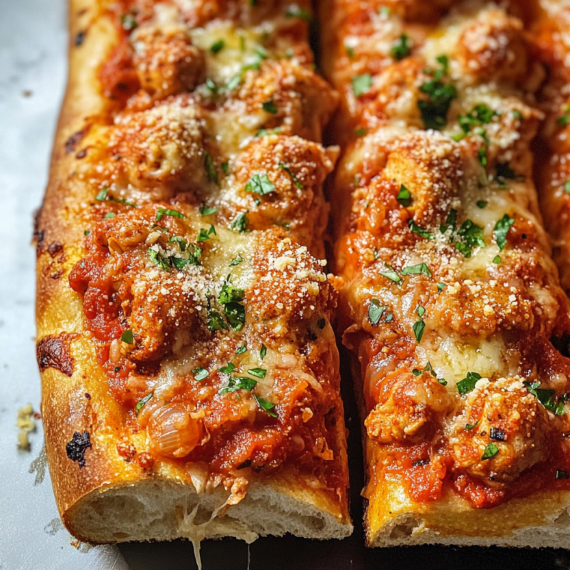 Des tranches de pizza avec des boulettes de viande et des herbes sur le dessus.