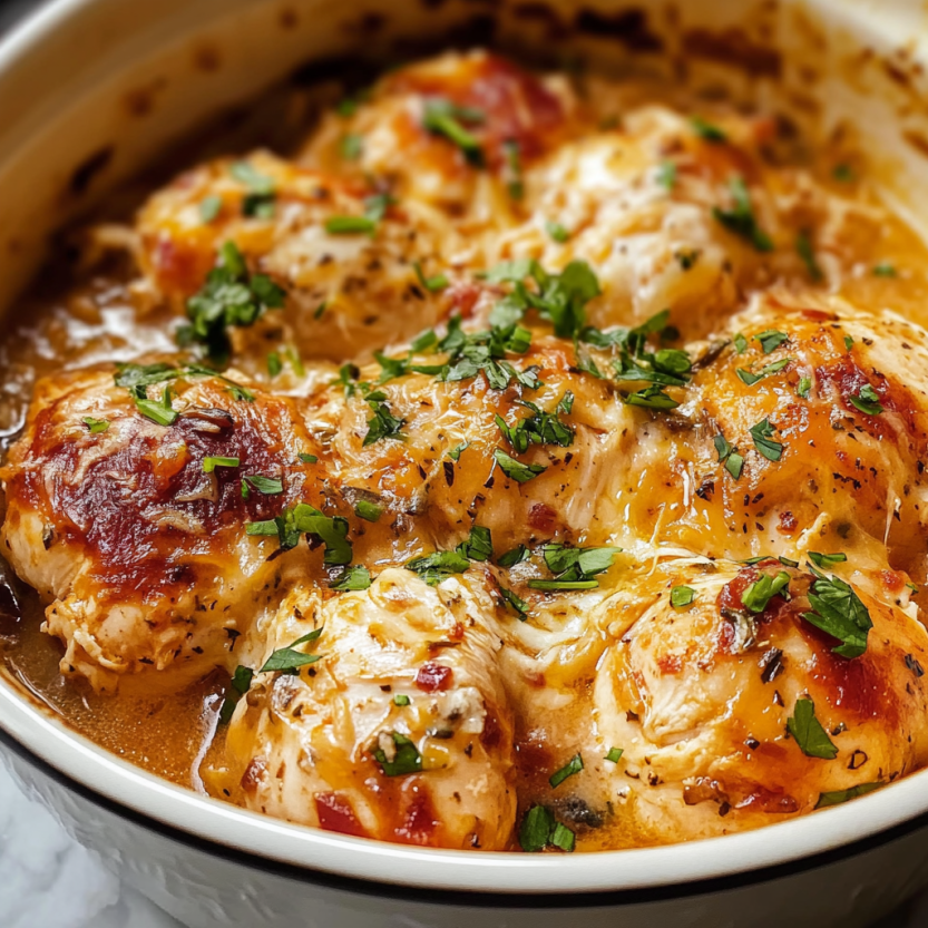 Une casserole de poulet grillé avec des herbes et des épices, cuit dans un slow cooker.