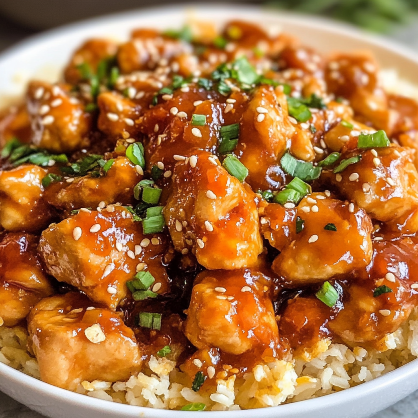 Une assiette de poulet chinois avec des herbes et des grains de riz.