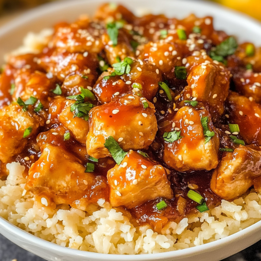 Une assiette de riz avec des morceaux de poulet sauce orange.