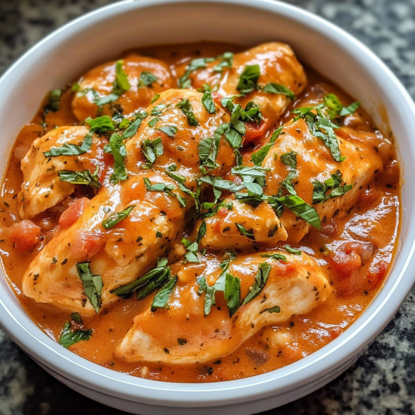 Un plat de poulet rôti dans une sauce tomate et basilique.