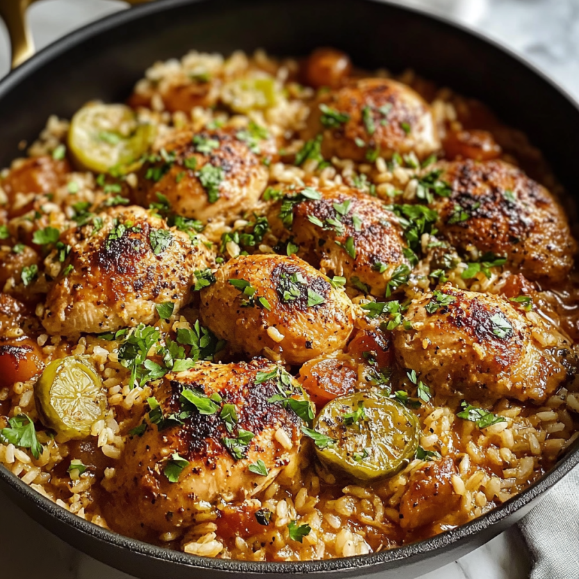 Une casserole de poulet grec et riz.