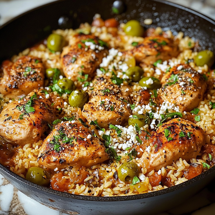 Une image de plat de riz et de poulet grec.