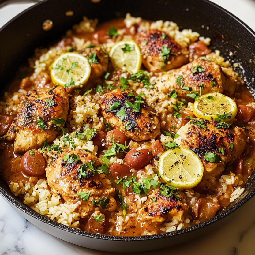 Une image de plat de riz et de poulet grec, avec des légumes et des épices, dans un bol en fonte.