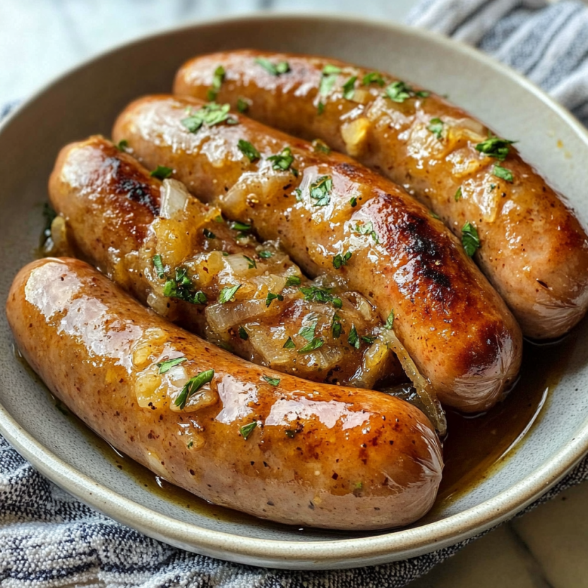 Des brats de boisson de type Midwestern sont servis dans un plat.