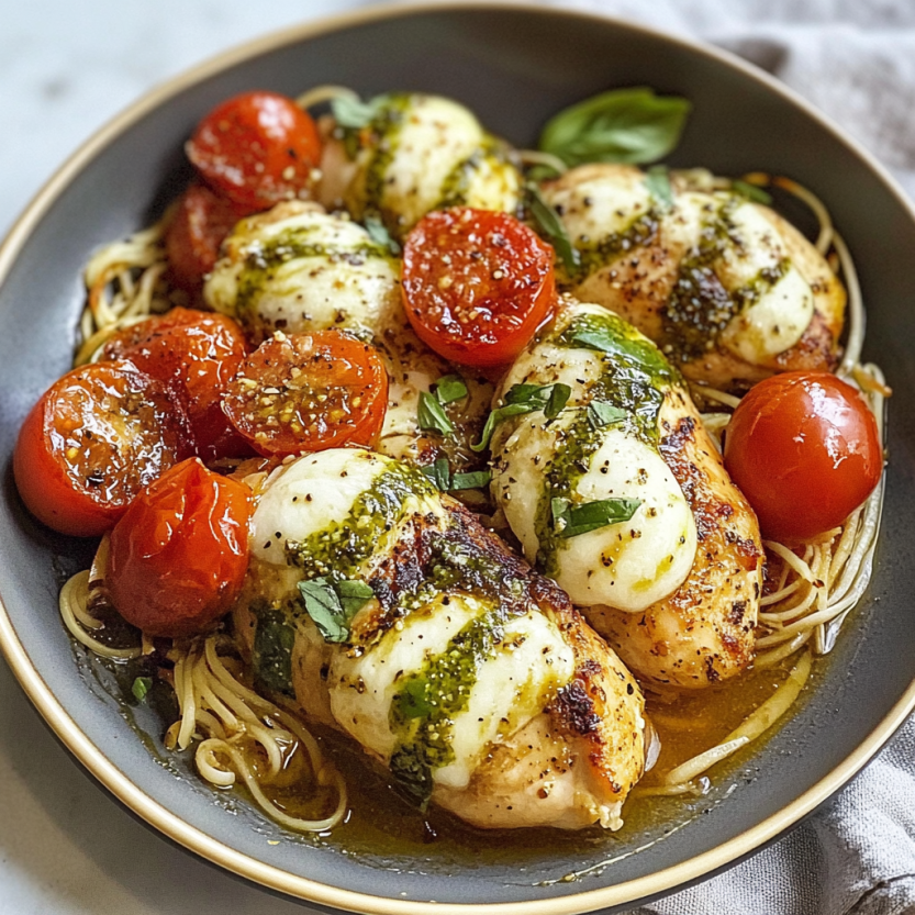 Une image de plats de poulet Caprese, avec des tomates, des herbes et des pâtes.
