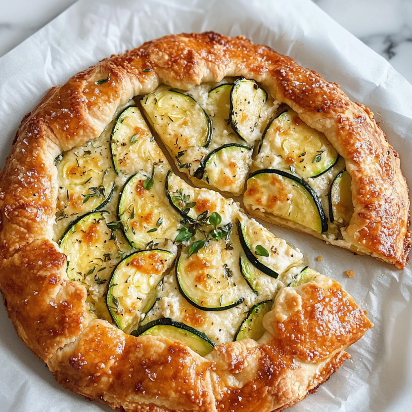 Une galette de zucchini ricotta sur une plaque de papier.