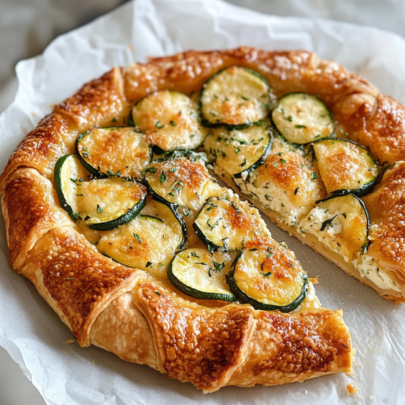 Une galette de zucchini ricotta sur une plaque de papier.