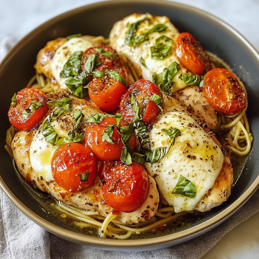 Une image de chicken baked avec des tomates et des herbes.