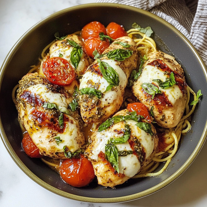 Une image de chicken baked avec des tomates et des herbes.