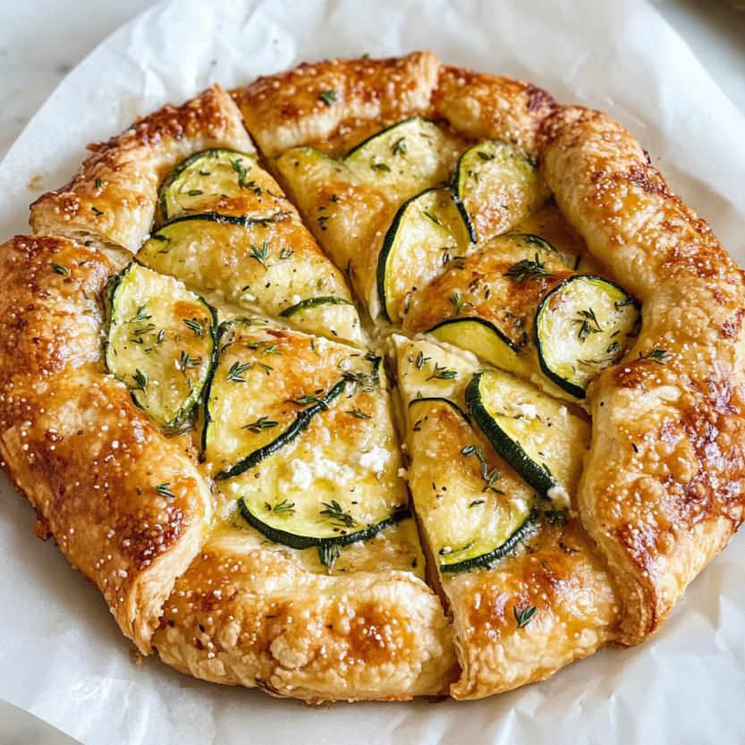 Une galette de zucchini ricotta sur une feuille de papier.