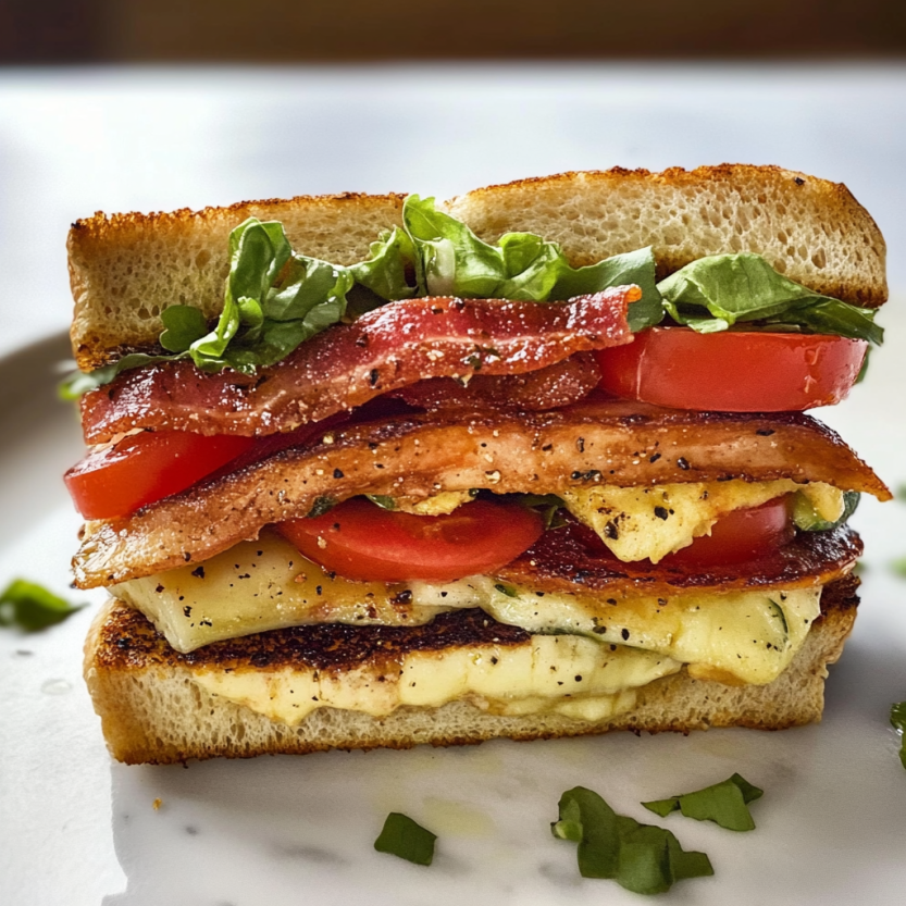 Une image de sandwich BLT avec des tomates, des bacon, des avocats et des herbes.