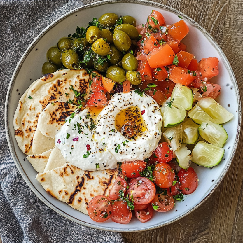 Une assiette de mezze avec des pita tostés et des tomates.