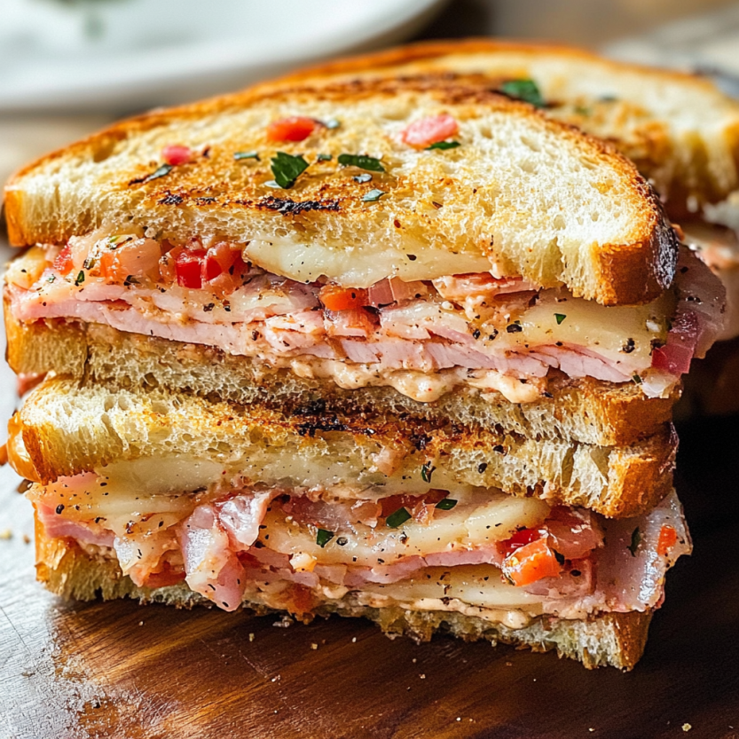 Une muffuletta est un sandwich composé de sauce, de tomates, de salami, de fromage et de herbes.