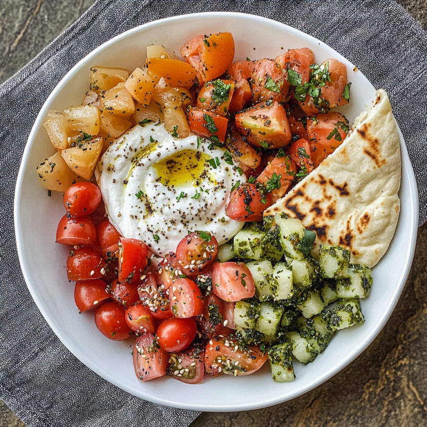 Une assiette de mezze avec des légumes grillés, des tomates, du yaourt et du pain grillé.