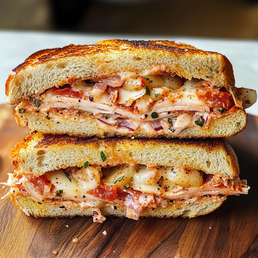 Une image de sandwichs de muffuletta sur un plateau de bois.