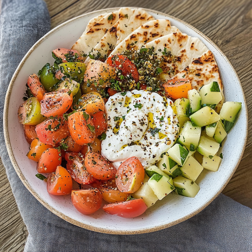 Une assiette de mezze avec des tranches de pita brûlées et des légumes.