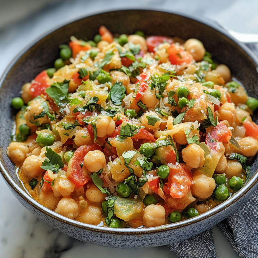 Une assiette de curry de chickpeas et de légumes, avec des légumes verts et des tomates.