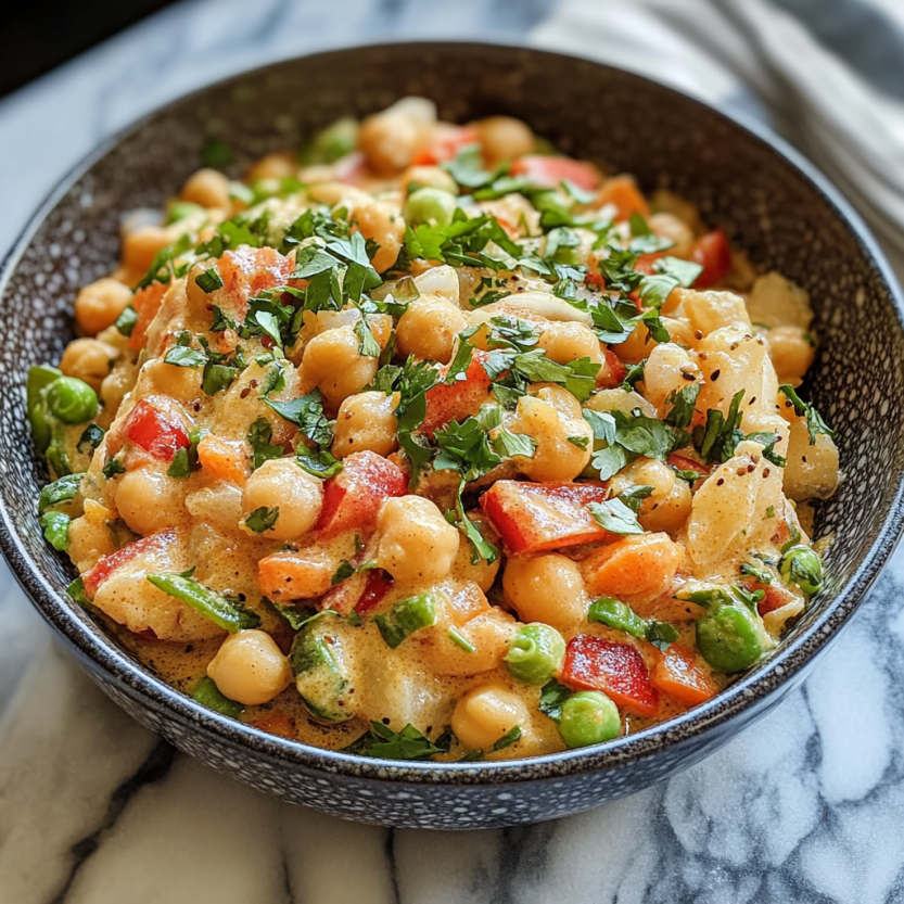 Une assiette de curry de chickpea et de légumes verts.