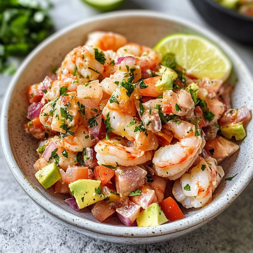 Une assiette de shrimp ceviche avec des légumes et des herbes.